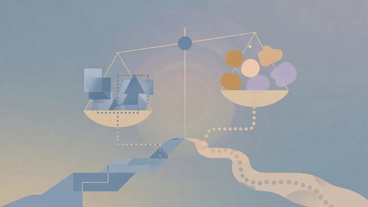 Abstract illustration of two options balanced on a scale, representing the weighing of choices before logic arrives