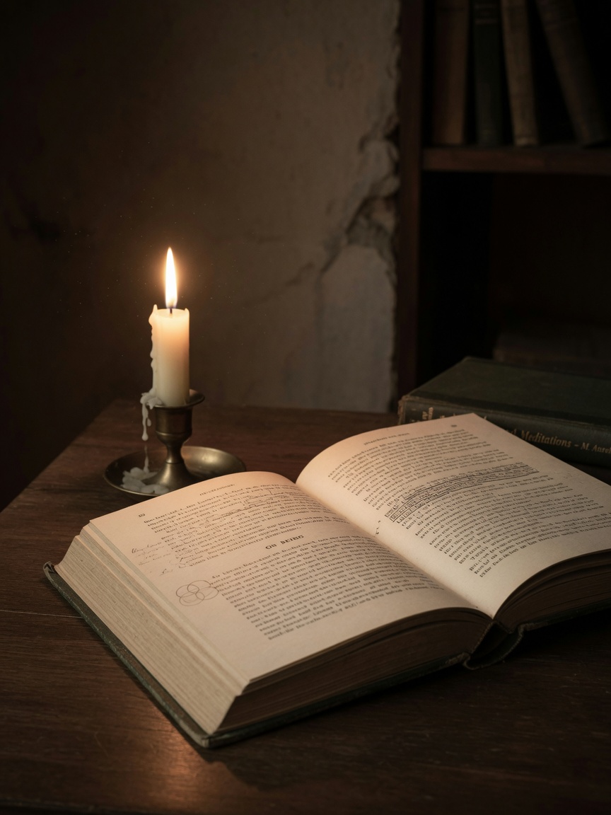 Reading glasses resting on an open book on a wooden table