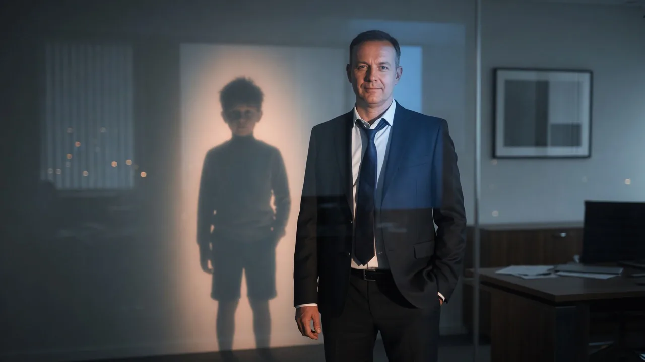 A businessman facing forward while a softer childhood shadow behind him suggests the human beneath power and status