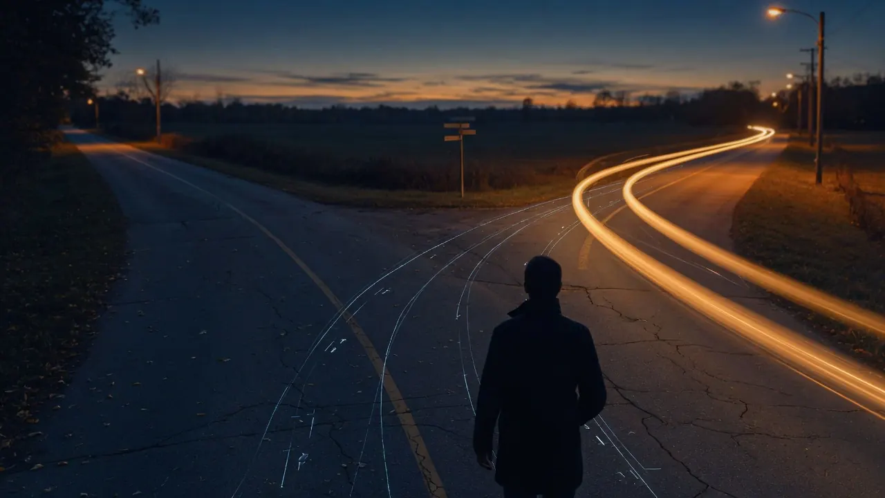 A decision crossroads where a fast intuitive path moves ahead of a slower deliberate one, echoing dual-process thinking from Thinking, Fast and Slow