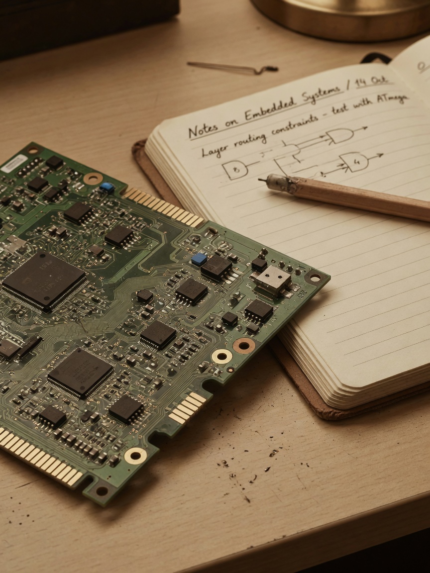 Laptop showing code on a desk beside a paper notebook