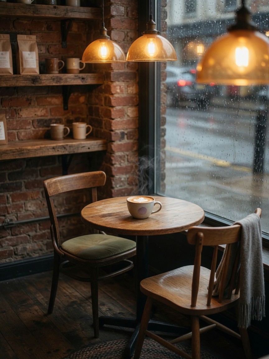 Empty table and chairs by the window of a warm coffee shop