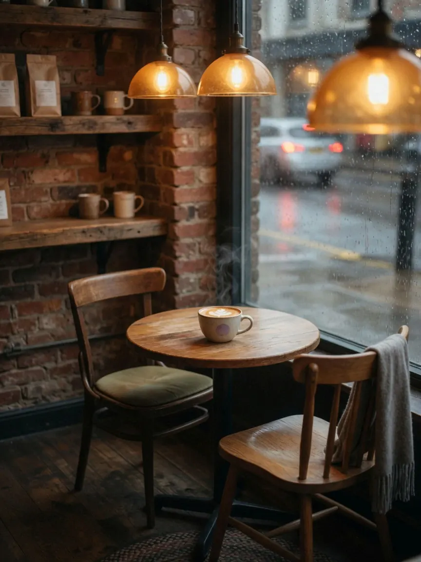 Cozy coffee shop corner by a rain-streaked window: round wooden table, two chairs, steaming latte, and warm pendant lights