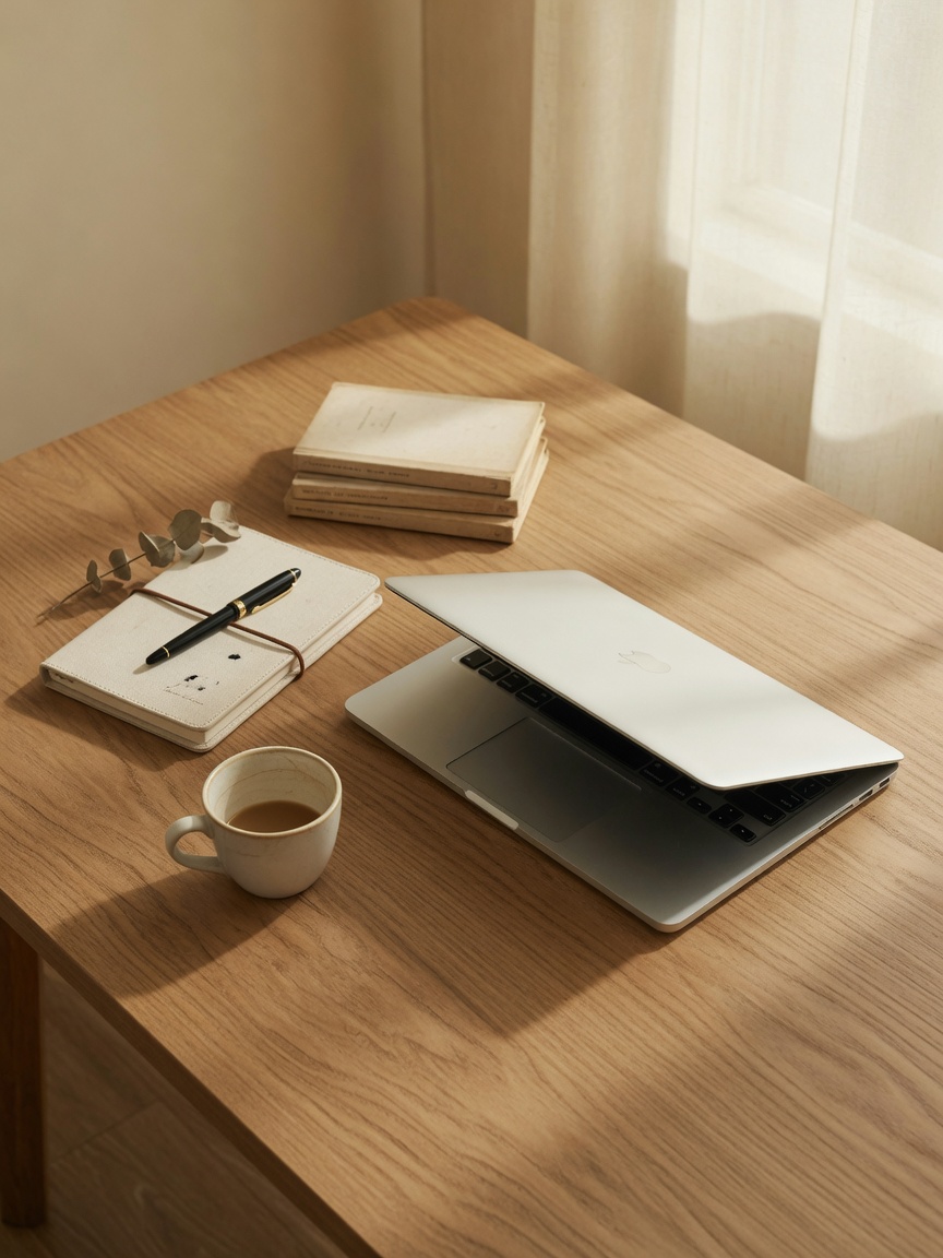 Studio headphones resting on an open notebook beside a desk lamp