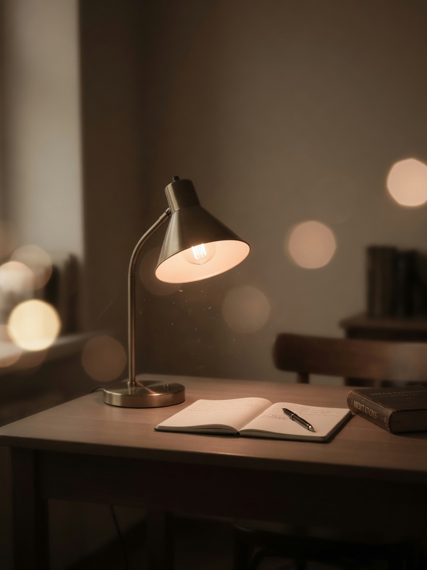 Quiet study desk lit by a warm lamp in the evening