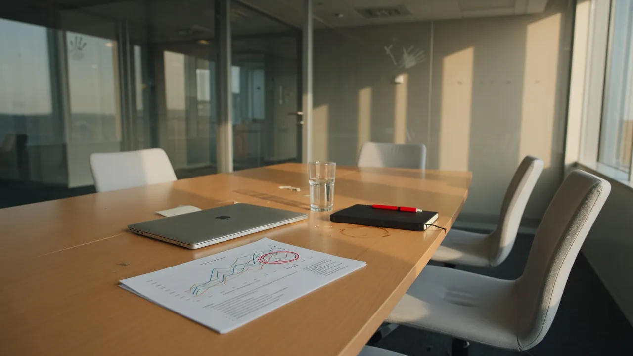 Empty boardroom with a revenue chart circled on a report after a leadership meeting—pipeline and growth over lead count