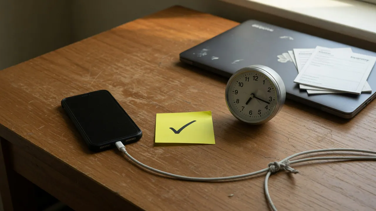 Face-down phone and desk clock on a worn desk after a lead inquiry—marketing-to-sales handoff and delayed follow-up