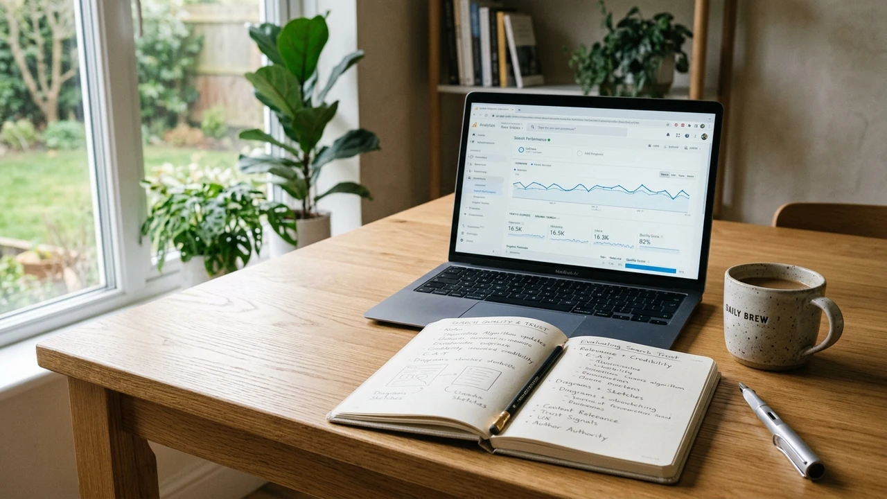 Laptop displaying search performance analytics alongside an open notebook with search quality and credibility strategy notes on a sunlit wooden desk