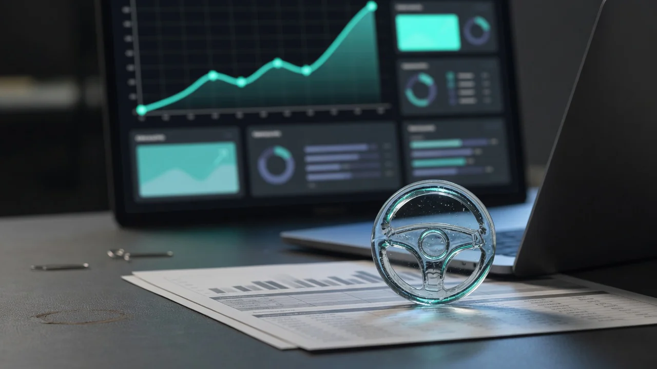 Dark desk with a glowing analytics dashboard on a laptop and a glass paperweight shaped like a steering wheel on printed KPI reports—suggesting that reported metrics steer what teams build