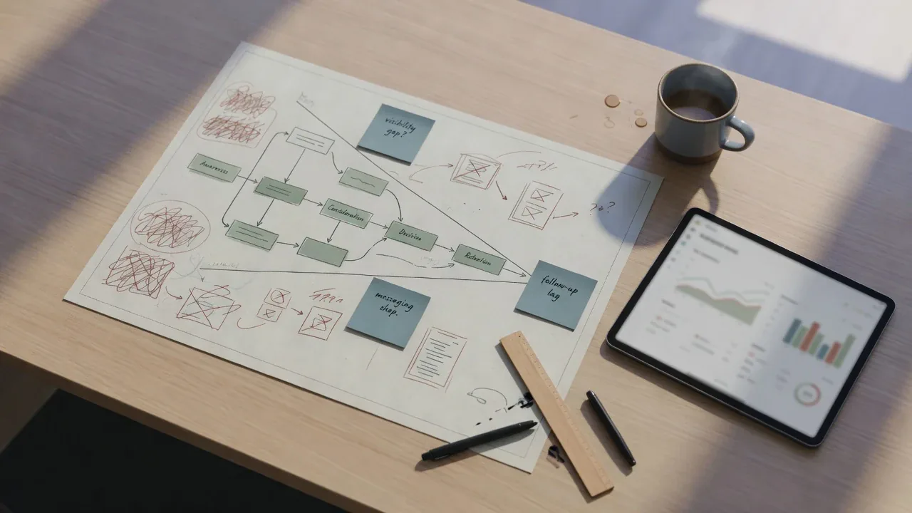 Marketing system planning desk: customer journey map, sticky-note bottlenecks for visibility messaging conversion and follow-up, and a performance dashboard for measuring growth constraints