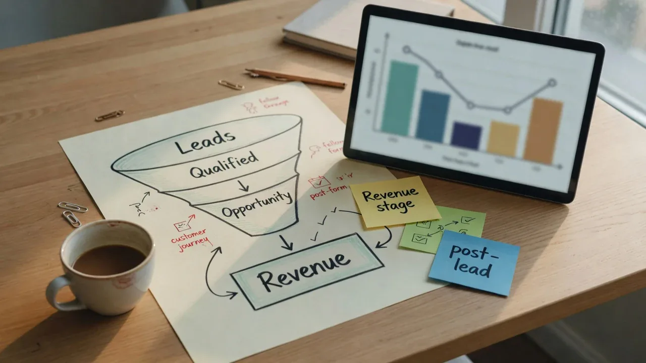 Marketing conversion funnel sketch from leads to revenue next to a tablet analytics dashboard—tracking pipeline, not just lead volume