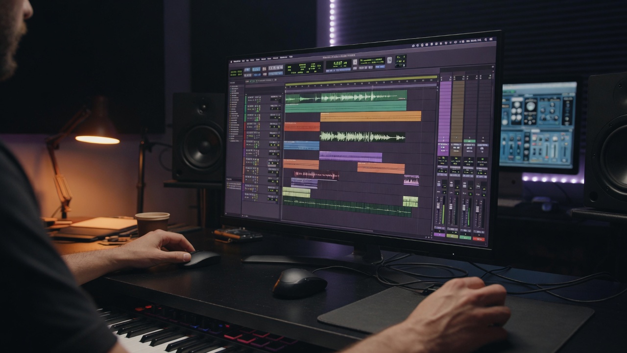 An opened Pro Tools session on a studio monitor in a dim production workspace