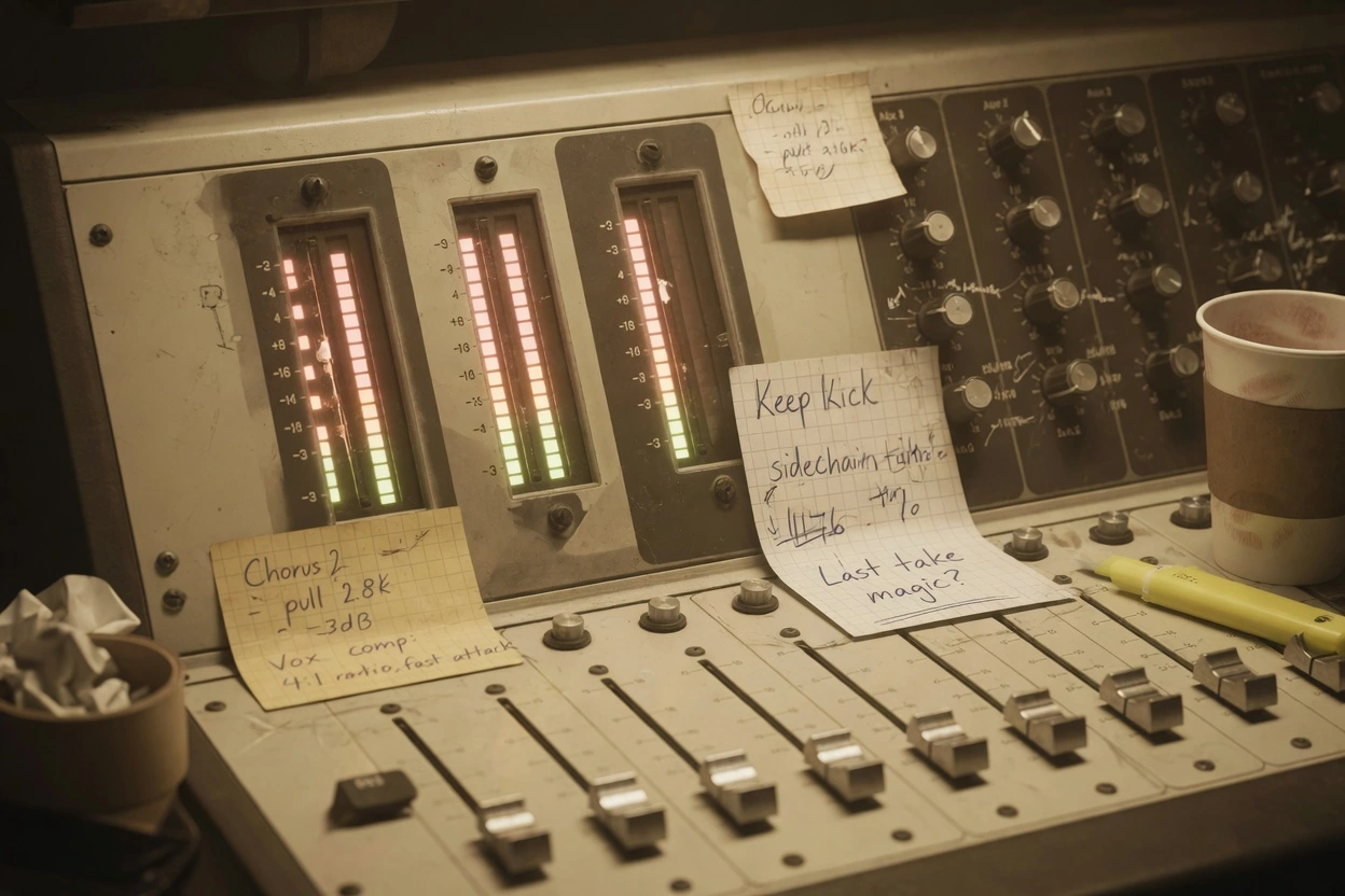 Audio production desk mid-mix with waveforms on screen